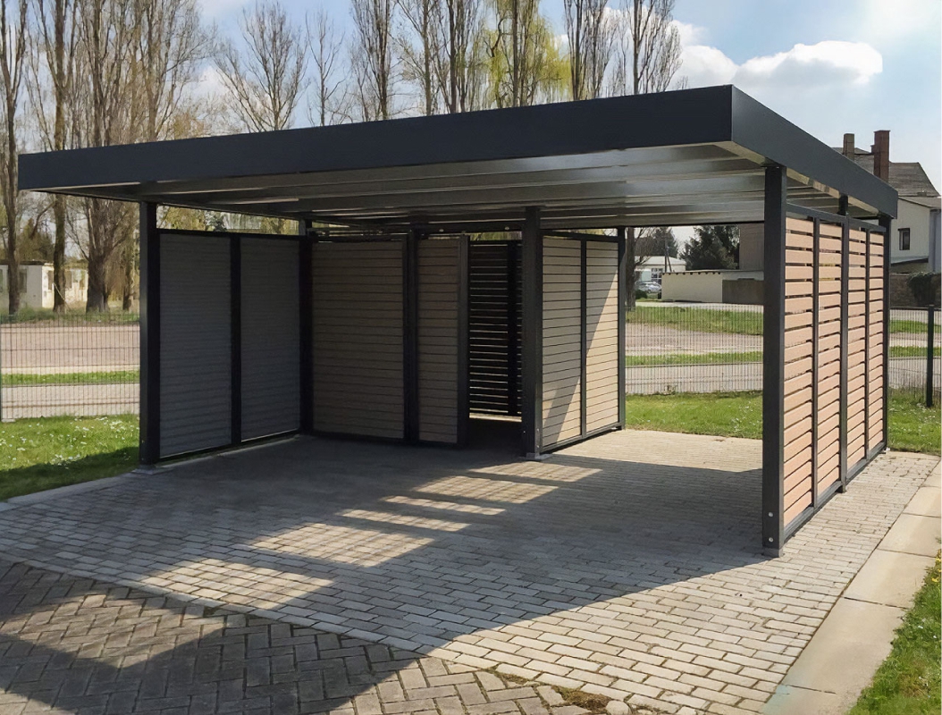 Односкатный автонавес из поликарбоната в стиле хай-тек для автомобиля с закрытыми боковинами Арочный автонавес из темного поликарбоната (белые столбы)